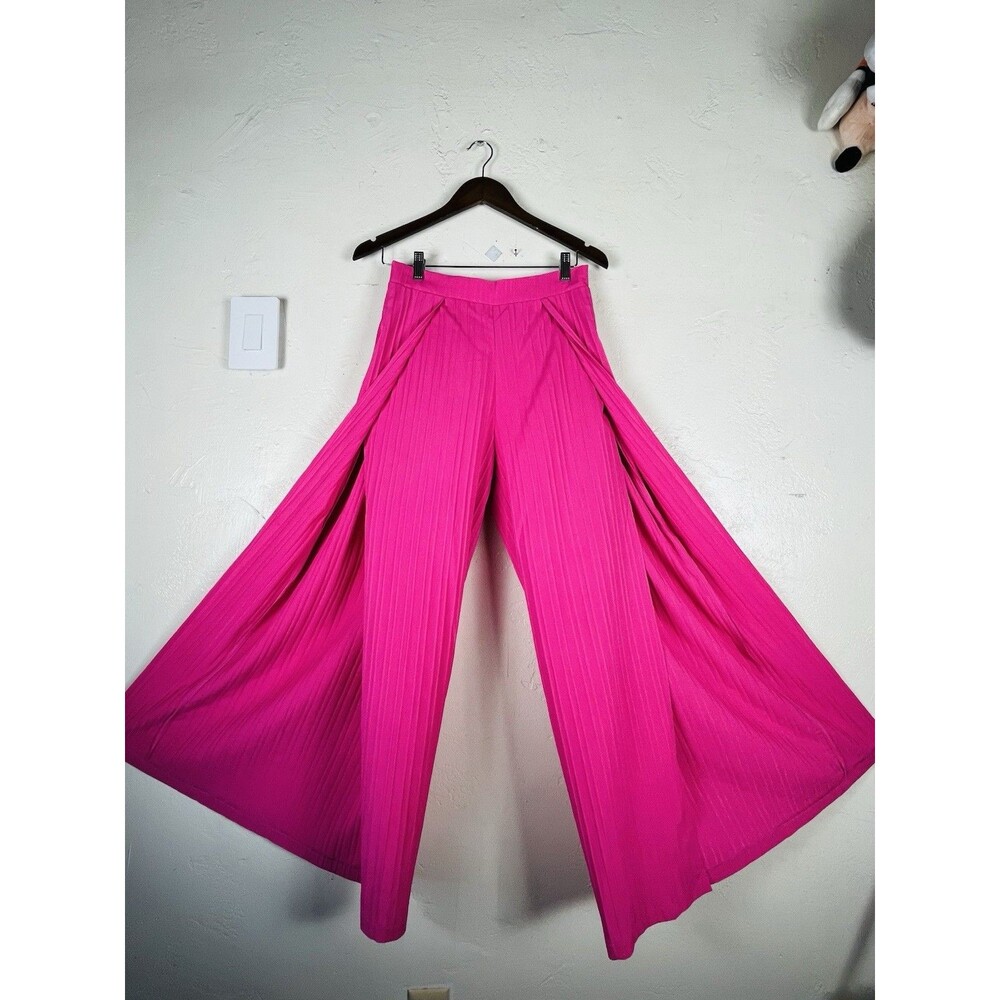 Women’s Hot Pink Pleated Wide Leg Wrap Palazzo Pants Boho Resort L - Picture 3 of 16